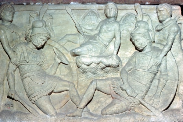 Detail of an Etruscan sarcophagus from Chiusi showing the death of Eteocles and Polynices. Artist: Unknown