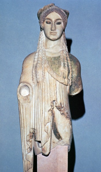 Greek statue Kore 674 from the Acropolis, 6th century BC. Artist: Unknown