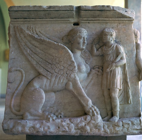 Oedipus and the Sphinx on a Greek sarcophagus. Artist: Unknown