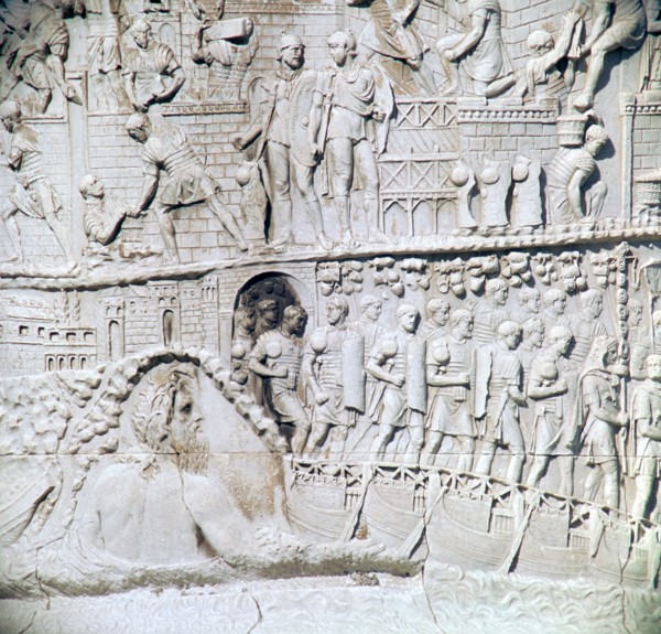 Scene from Trajan's column, River Tiber personified and pontoon bridge, 2nd century. Artist: Unknown