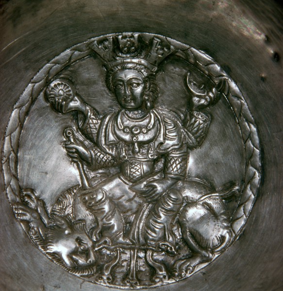 Sassanian dish showing a goddess seated on a lion. Artist: Unknown