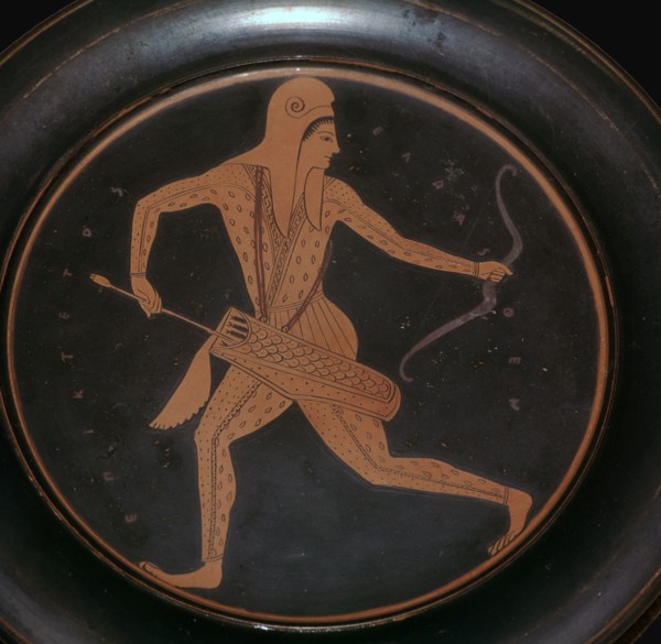 Attic plate with an image of an archer in Scythian dress, 5th century BC. Artist: Epiktetos