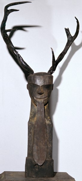 Chinese wooden sculpture of an antlered head. Artist: Unknown
