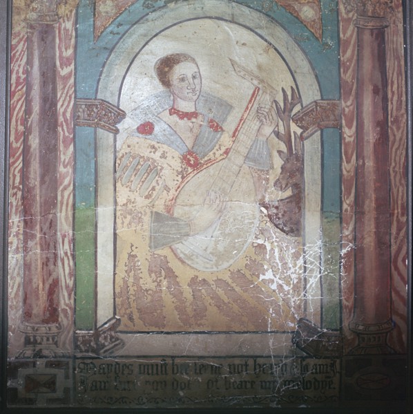 English wall painting of a lady with a lute, 17th century. Artist: Unknown