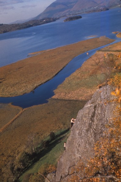 Climbers on Shepherds Crag, Derwentwater, Borrowdale, Lake District, Cumberland, 20th century. Artist: CM Dixon.