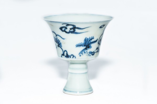 Blue and white stem cup with two scholars in landscape, 2nd half 15th century. Artist: Unknown.