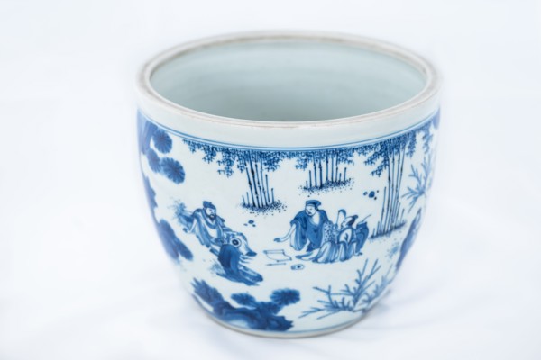 Deep blue and white fish bowl of sages in bamboo grove, 1630-1650. Artist: Unknown.