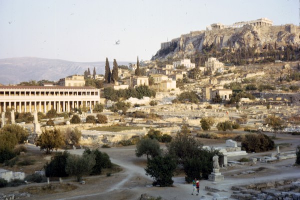 Agora, Stoa of Attalos and Acropolis, Athens, Evening, c20th century. Artist: Unknown.