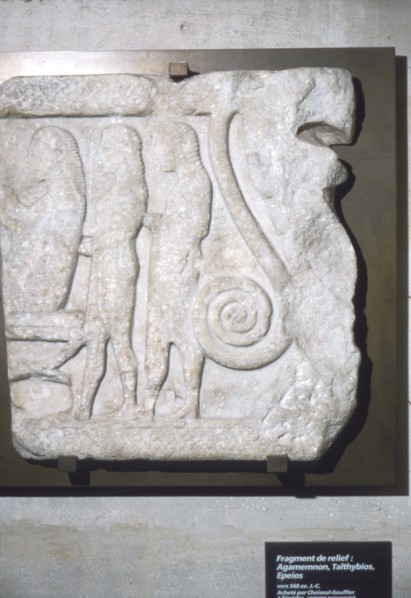 Greek relief, Agamemnon seated left with Talthybis and Epeios, c5th century BC. Artist: Unknown.