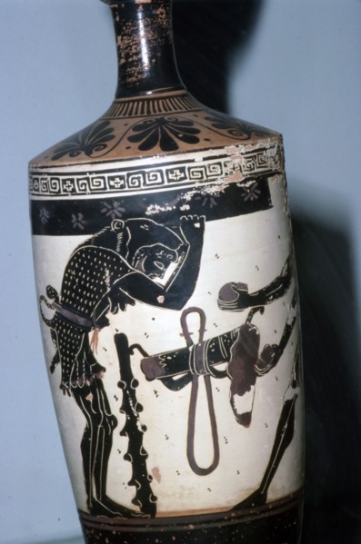 Atlas, Heracles and the golden apples, Athenian black-figure lekythos, c6th century BC. Artist: Unknown.