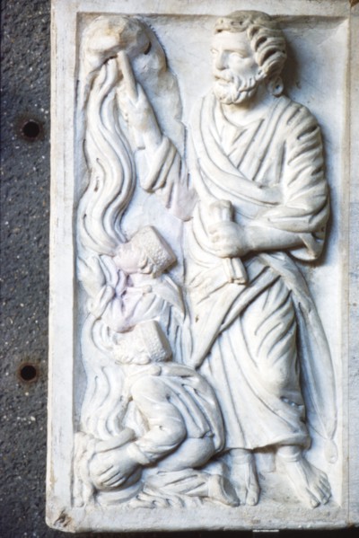 Moses strikes the Rock, for water in the desert,  Early Christian Sarcophagus, c4th century. Artist: Unknown.