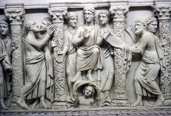 Christ handing scrolll of new law to St Peter while looking at St Paul, mid-4th century. Artist: Unknown.