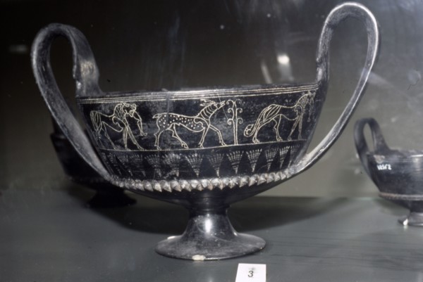 Etruscan Bucchero Vase with animal decoration, from Vulci. Italy,  c620 BC. Artist: Unknown.
