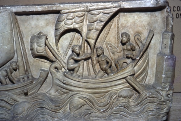 Roman relief, Merchant Ship with Lighthouse on right. Artist: Unknown.