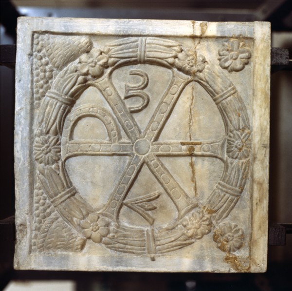 Chi-Ro symbol with Alpha and Omega, Early Christian Sarcophagus, Rome, 4th century. Artist: Unknown.