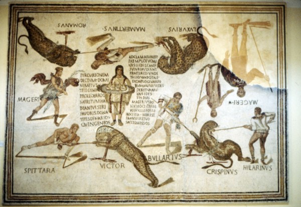 Telegenic Troupe kill leopards at 'Spectacle', Roman floor mosaic from Moknine, 3rd century. Artist: Unknown.