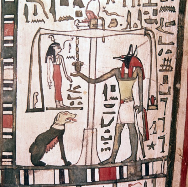 Anubis weighing the heart, detail from Sarcophagus of Pensenhor, c900 BC.   Artist: Unknown.