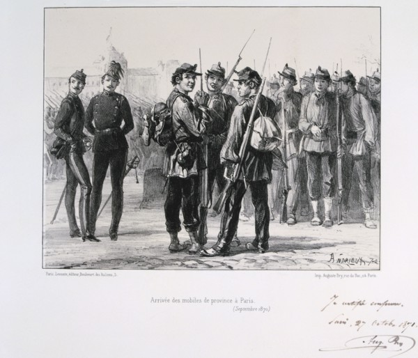 Troops from the provinces arriving in Paris before the Prussian siege, September 1870 (1871). Artist: Auguste Bry