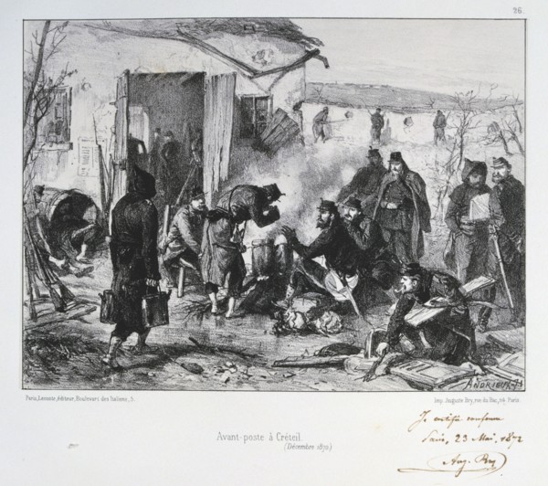 French advanced guard post at Creteil, Siege of Paris, Franco-Prussian War, December 1870 (1872). Artist: Auguste Bry