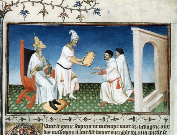 Kublai Khan gives the Polos their passport, c1280s, (early 15th century).  Creator: Boucicaut Master.
