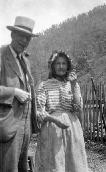 Cecil Sharp and Aunt Betsy smoking pipes, Appalachia, USA, c1917. Artist: Unknown
