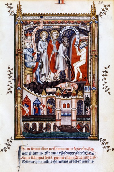 St Denis is thrown into the furnace, 1317. Artist: Unknown
