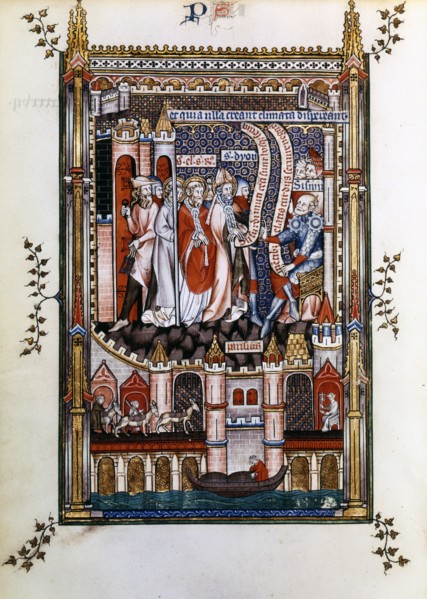 St Denis in chains before Sisinnius, 1317. Artist: Unknown