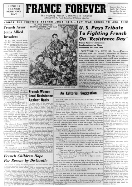 France Forever, newspaper, 18 June 1944. Artist: Unknown