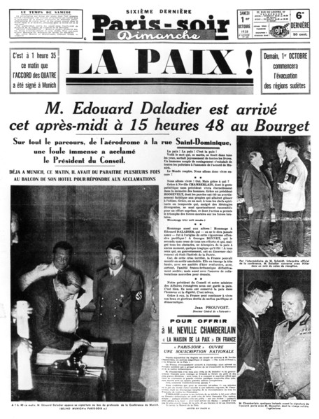 Peace!, front page of Paris-soir newspaper, 1 October 1938. Artist: Unknown