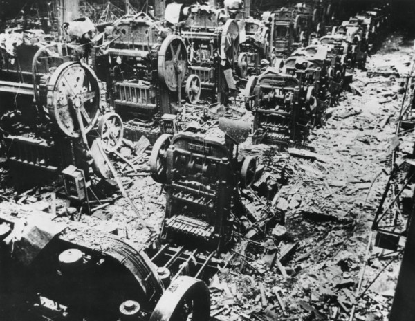 Bomb damage at a Renault factory, Sevres, Paris, 4 April 1943. Artist: Unknown