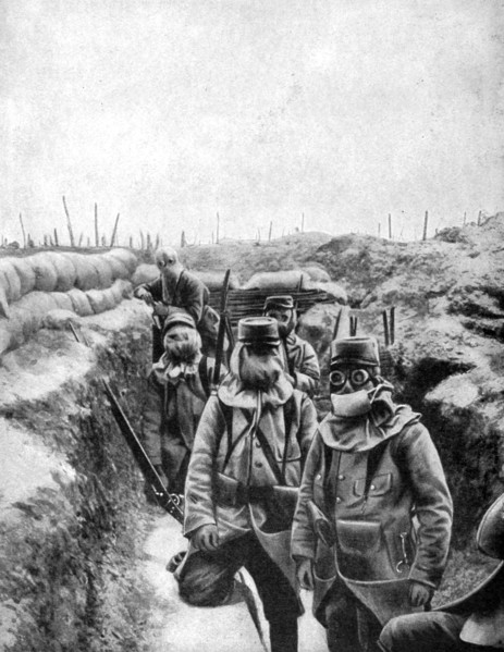 French soldiers in improvised gas masks, 1915. Artist: Unknown