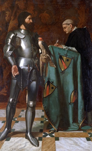 'Knight dictating a letter to a Monk', 1865. Artist: Octave Penguilly L'Haridon
