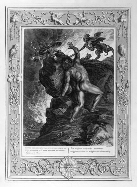 Sisyphus pushing his stone up a mountain, 1733. Artist: Bernard Picart