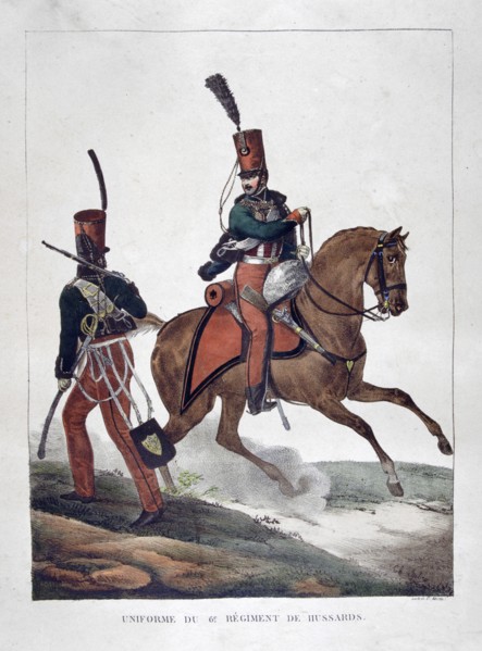 Uniforms of the 6th regiment of French hussars, 1823.  Artist: Charles Etienne Pierre Motte