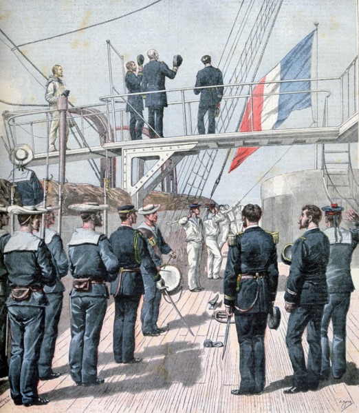 Salute to the flag, French naval manoeuvres, 1891. Creator: Henri Meyer.