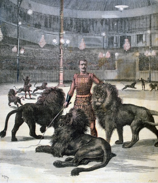 Lion taming at the L'hippodrome, Paris, 1891. Creator: Henri Meyer.