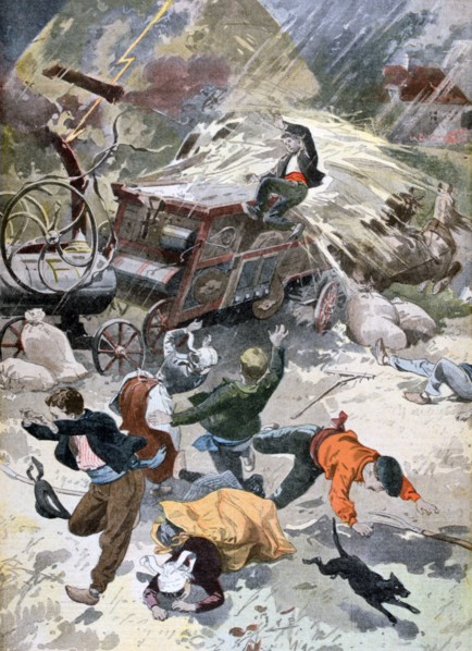A farming machine struck by lightning, 1902. Artist: Unknown