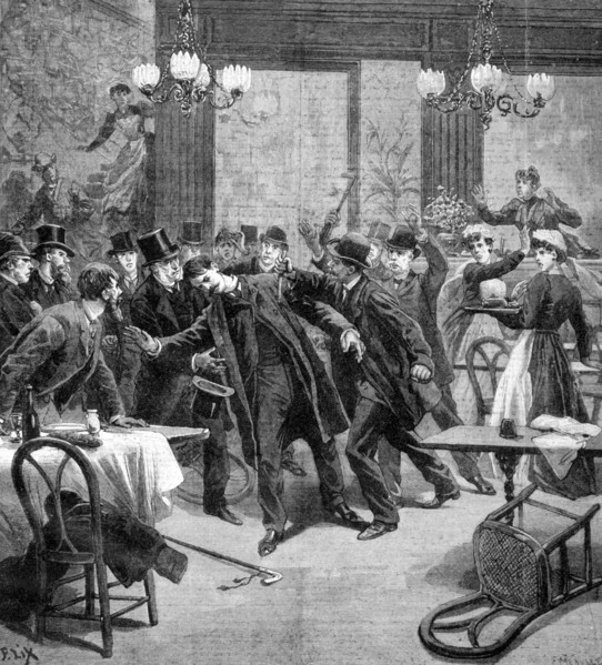 Attack against M Georgewitch, minister of Serbia in Paris 1893. Creator: Frederic Lix.