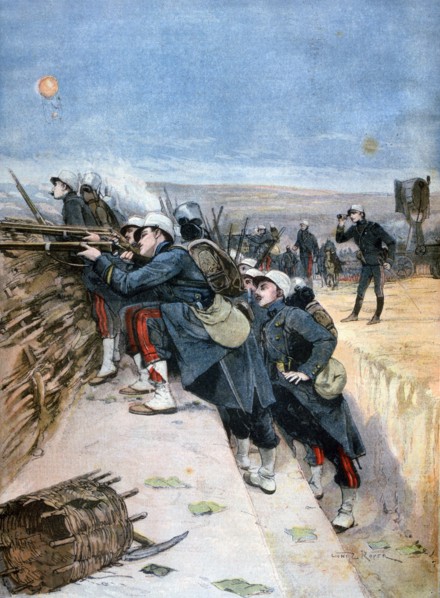 French soldiers on trench warfare manoeuvres, 1894. Artist: Lionel Noel Royer