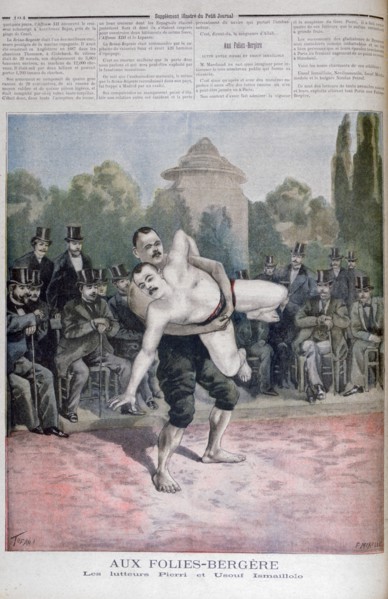 The Ismaillolo brothers wrestling, The Folies Bergère, 1895. Creator: F Meaulle.
