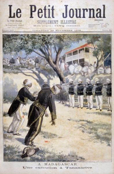 Execution by firing squad in Tananarive, (Antananarivo), Madagascar, 1896. Creator: F Meaulle.