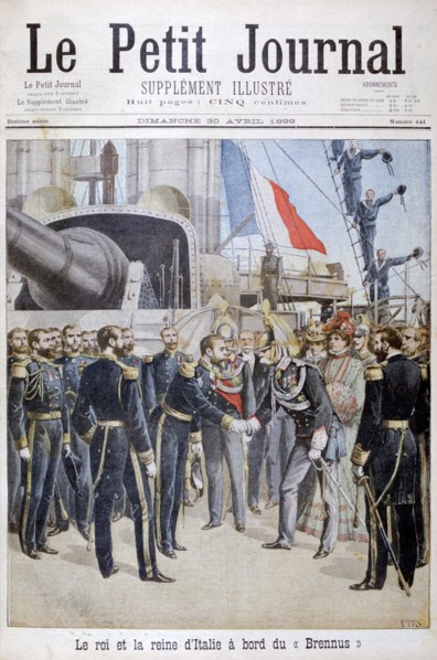 The king the queen of Italy on board the French battleship 'Brennus', 1899. Artist: Henri Meyer