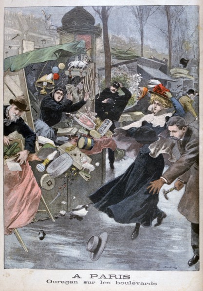 Hurricane on the boulevards, Paris, 1900. Artist: Eugene Damblans