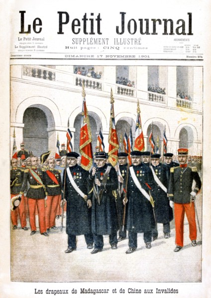 French war veterans carrying flags of the Madagascar and China campaigns, 1901. Artist: Unknown