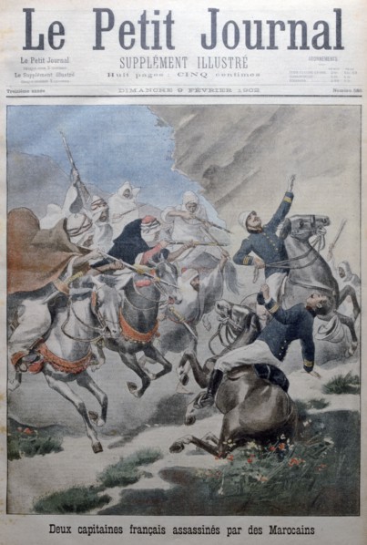 Two French army captains attacked and killed by Morrocans, Morocco, 1902. Artist: Unknown