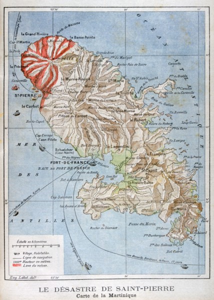 Map showing the eruption of Mount Pelee, Martinique, 1902. Artist: Unknown