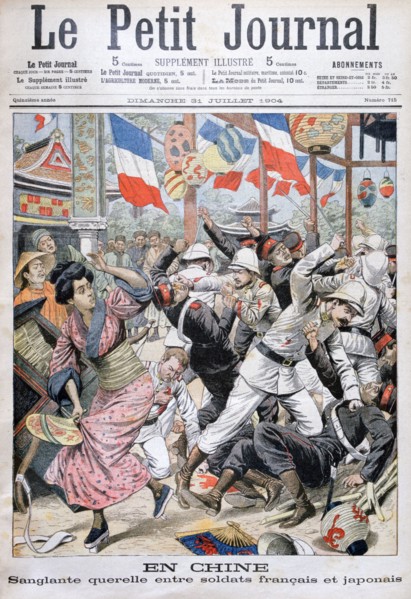 Fight between French and Japanese soldiers during the Russo-Japanese War, China, 1904. Artist: Unknown