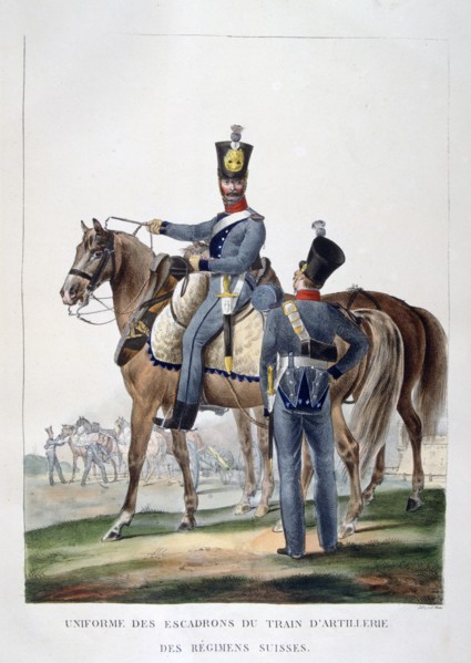 Uniform of a squadron of horse artillery train of a Swiss regiment, France, 1823.  Artist: Charles Etienne Pierre Motte