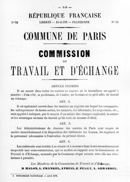 Travail et D'Echange, from French Political posters of the Paris Commune,  May 1871. Artist: Unknown