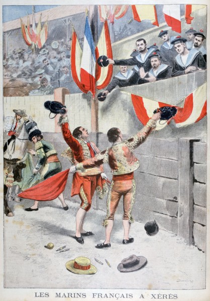 French sailors watching a bull fight, Xeres, Spain, 1899. Artist: Eugene Damblans